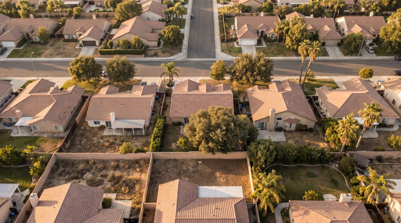 Aerial view of a Southern California neighborhood showing property boundaries